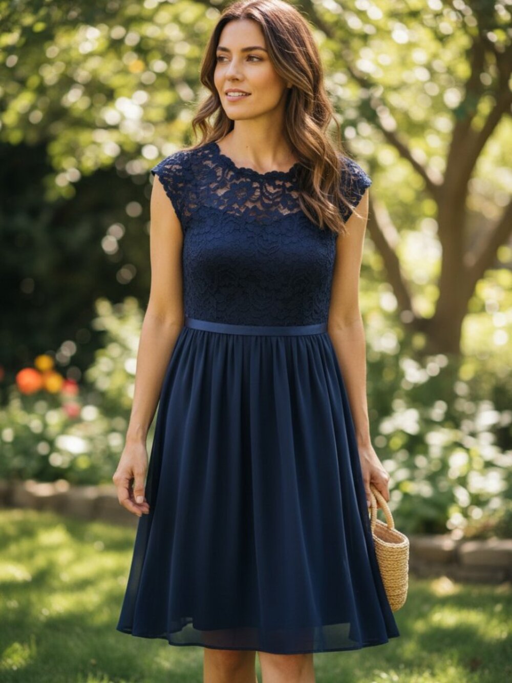 David's Bridal Lace & Chiffon Bridesmaid Dress - Navy Blue -Size 2 Fits like 4/6